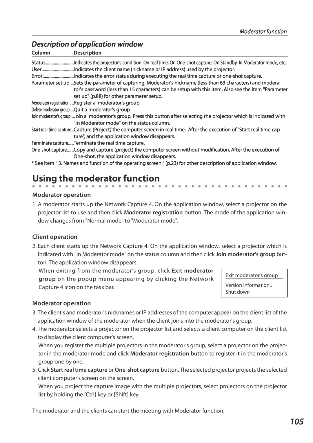 Eiki QXXAVC922---P Using the moderator function, Description of application window, Moderator operation, Client operation 