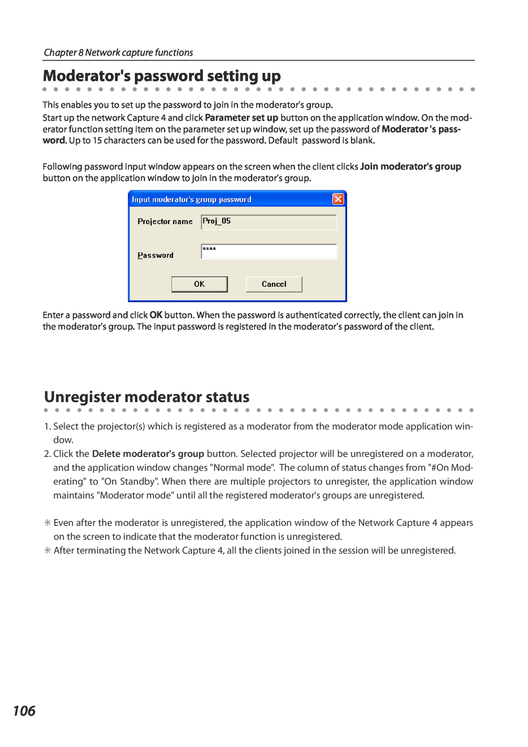 Eiki QXXAVC922---P owner manual Moderators password setting up, Unregister moderator status, Network capture functions 
