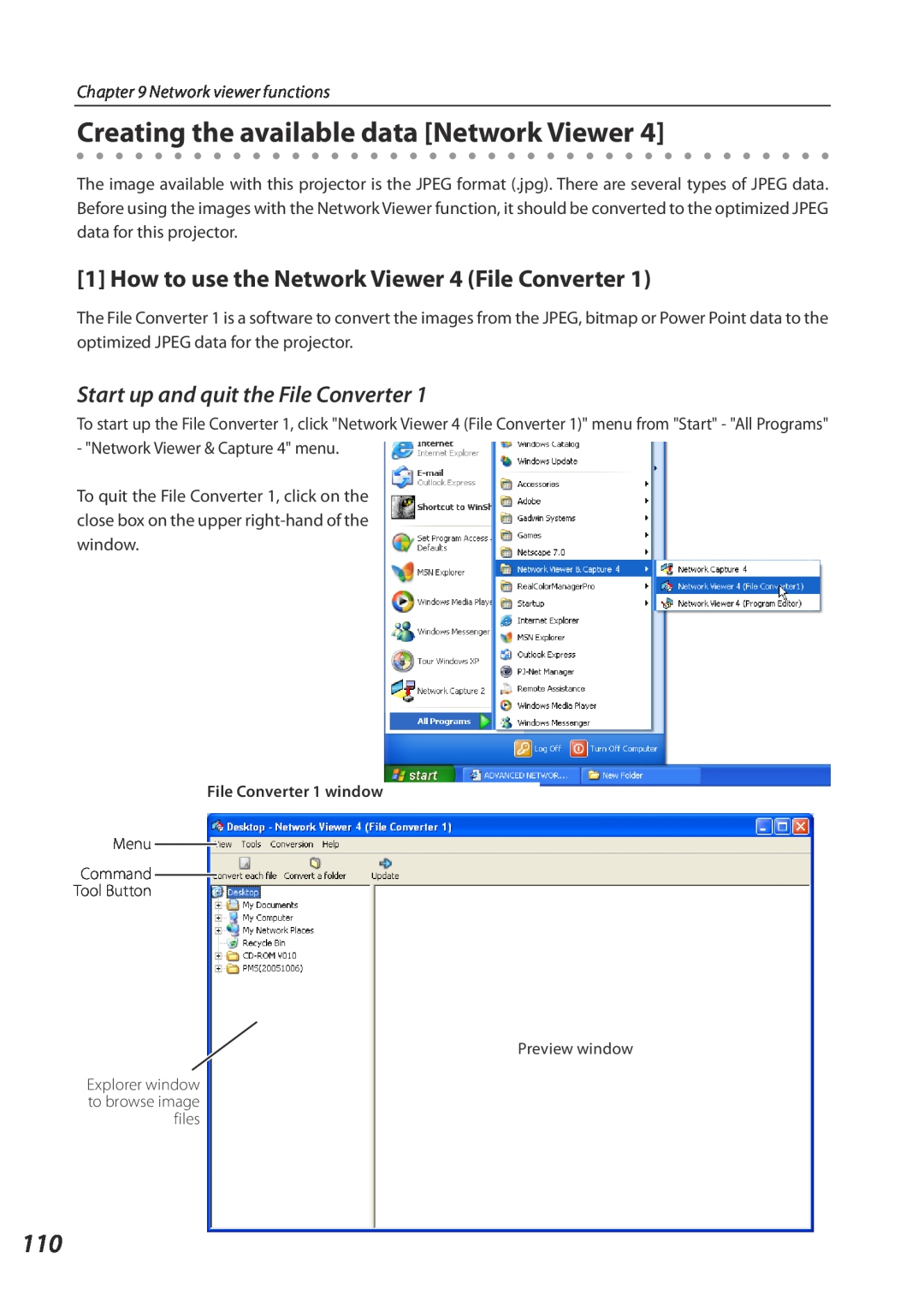 Eiki QXXAVC922---P owner manual Creating the available data Network Viewer, How to use the Network Viewer 4 File Converter 
