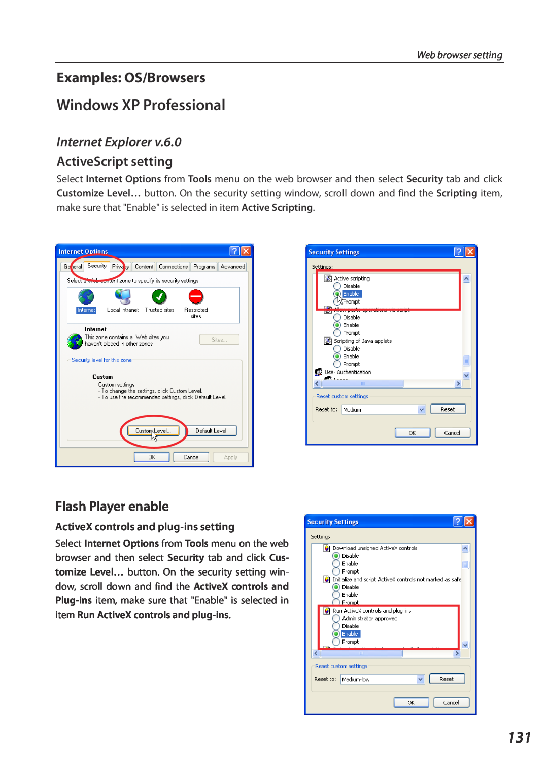 Eiki QXXAVC922---P owner manual Windows XP Professional, Examples OS/Browsers, Internet Explorer, ActiveScript setting 
