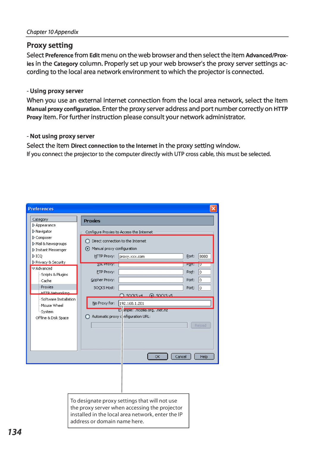 Eiki QXXAVC922---P owner manual Proxy setting, Appendix, Using proxy server, Not using proxy server 