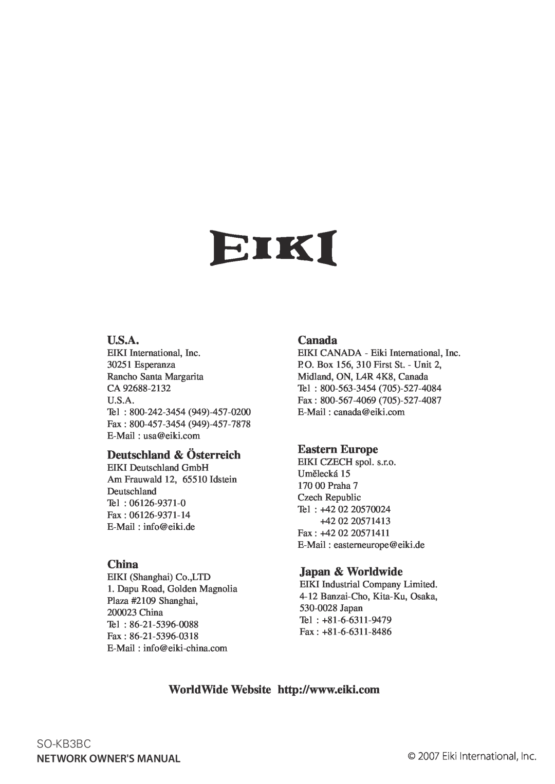 Eiki QXXAVC922---P owner manual Network Owners Manual, U.S.A, Deutschland & Österreich, China, Canada, Eastern Europe 