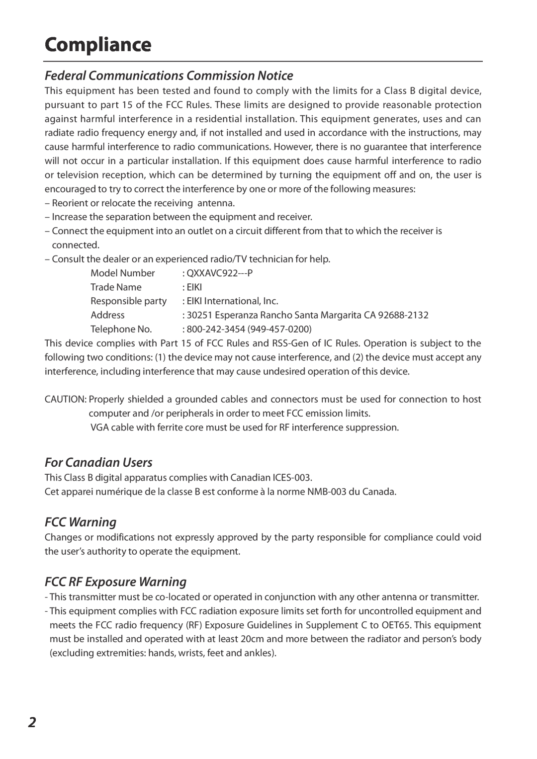 Eiki QXXAVC922---P owner manual Compliance, Federal Communications Commission Notice, For Canadian Users, FCC Warning 