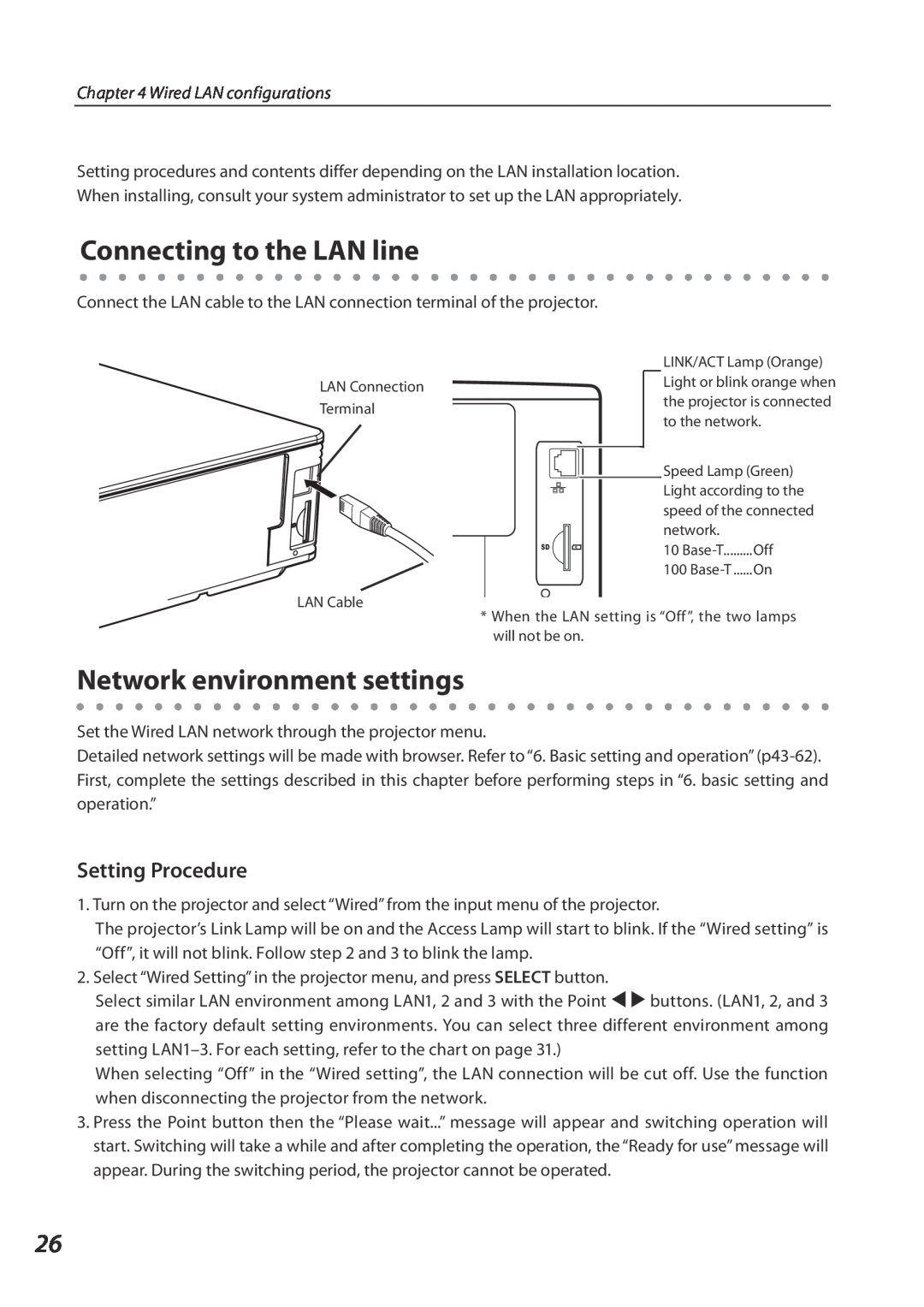 Eiki QXXAVC922---P Connecting to the LAN line, Network environment settings, Setting Procedure, Wired LAN configurations 