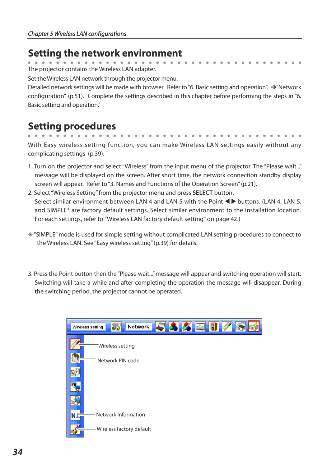 Eiki QXXAVC922---P owner manual Setting the network environment, Setting procedures, Wireless LAN configurations 