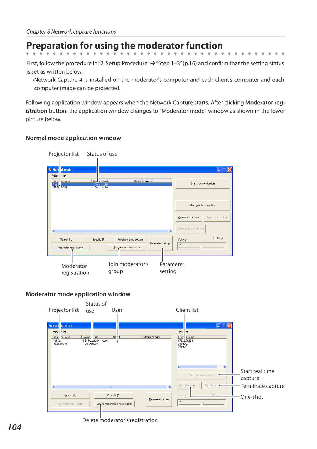 Eiki QXXAVC922---P owner manual Preparation for using the moderator function, 104, Normal mode application window 