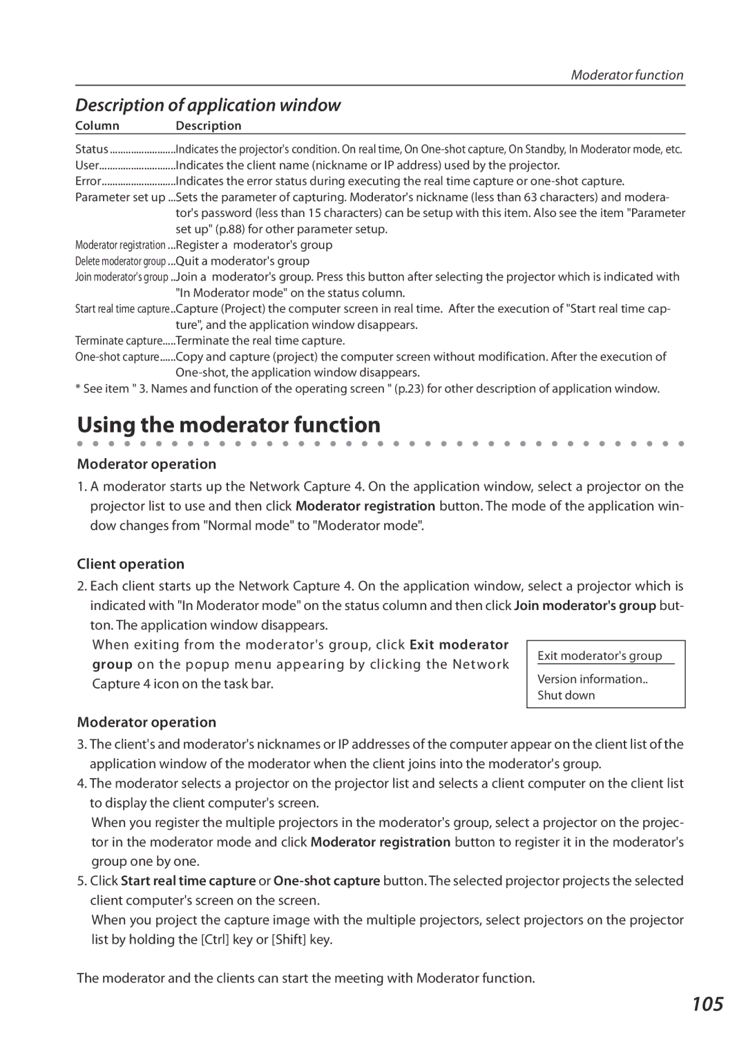 Eiki QXXAVC922---P owner manual Using the moderator function, 105, Description of application window, Moderator operation 