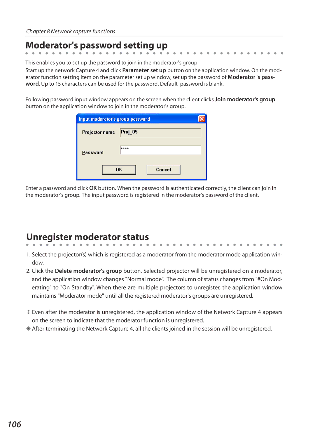 Eiki QXXAVC922---P owner manual Moderators password setting up, Unregister moderator status, 106 