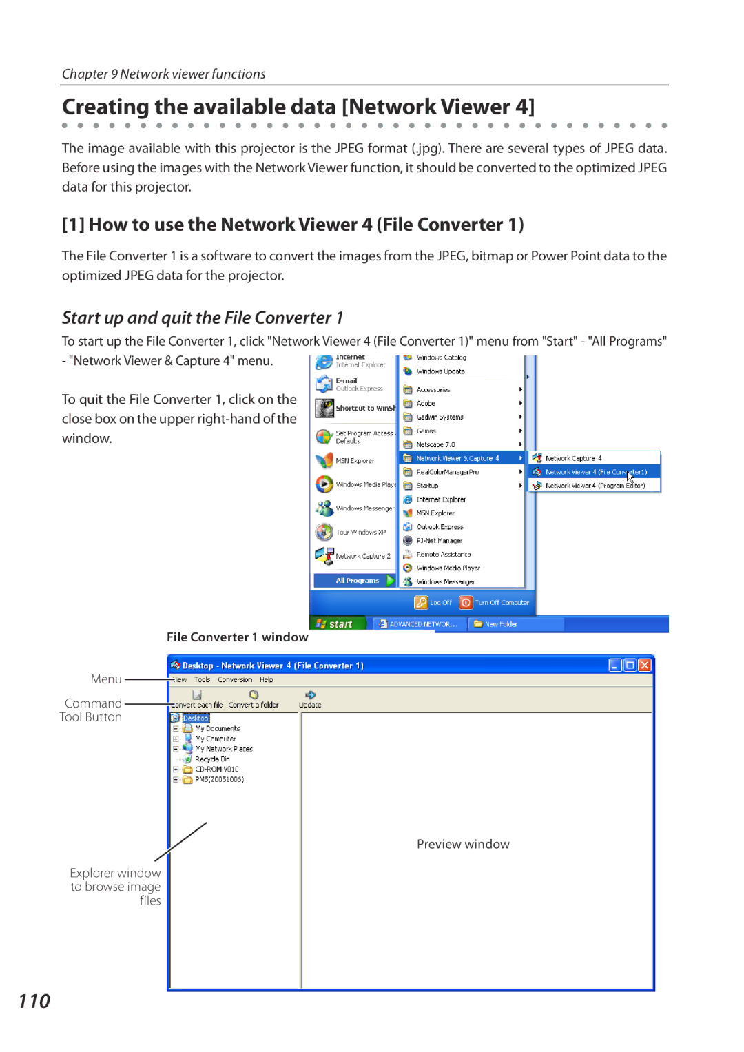 Eiki QXXAVC922---P Creating the available data Network Viewer, 110, How to use the Network Viewer 4 File Converter 