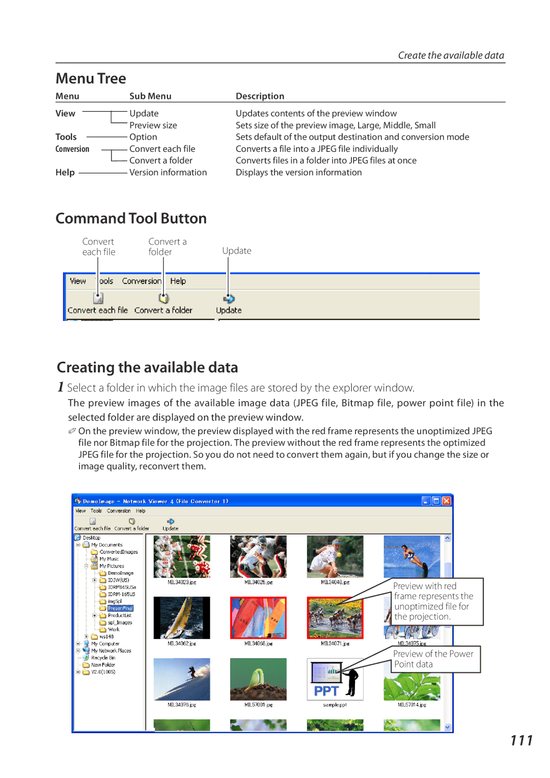 Eiki QXXAVC922---P Creating the available data, 111, Command Tool Button, Menu Sub Menu Description View, Tools 