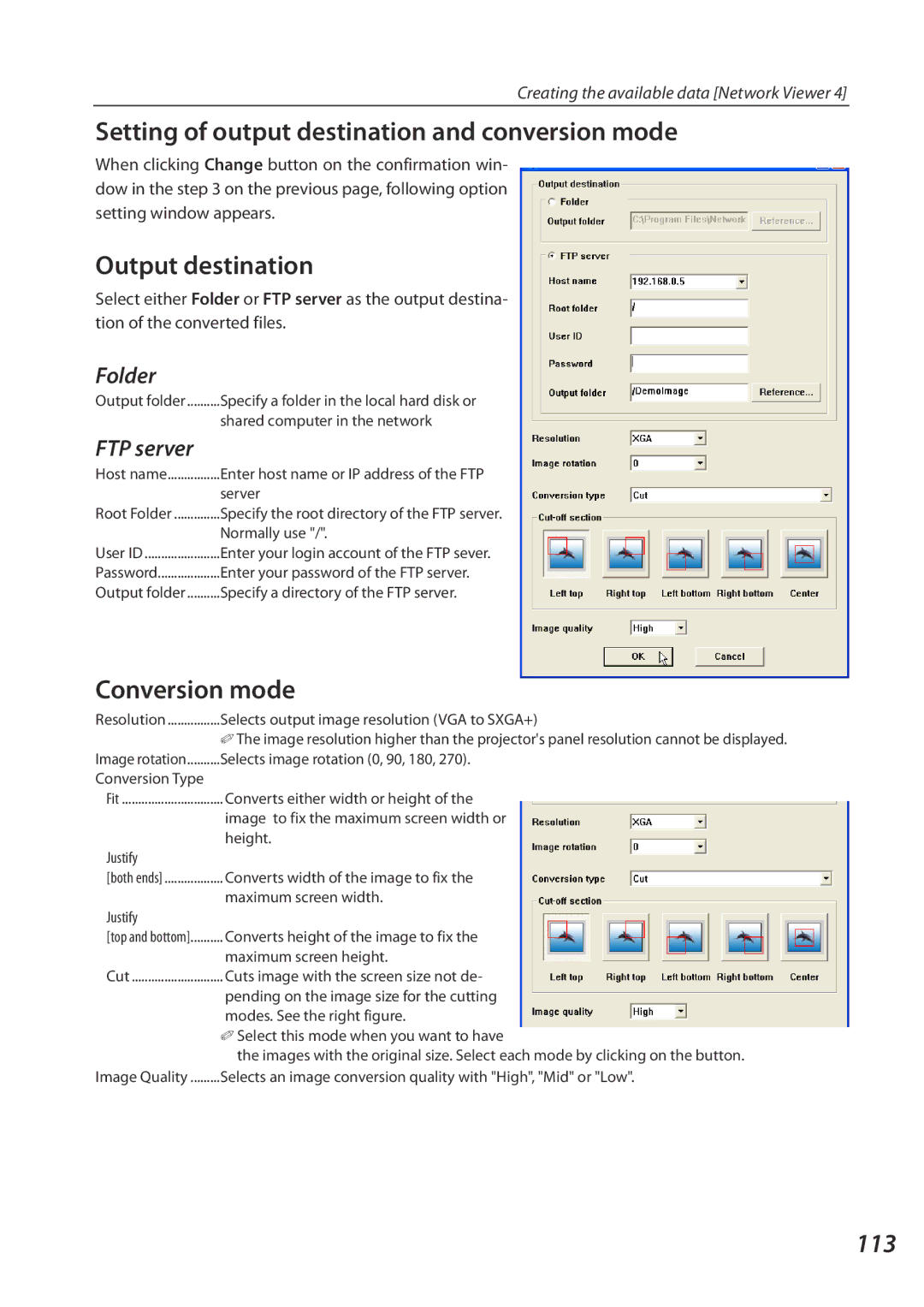 Eiki QXXAVC922---P owner manual Setting of output destination and conversion mode, Output destination, Conversion mode, 113 