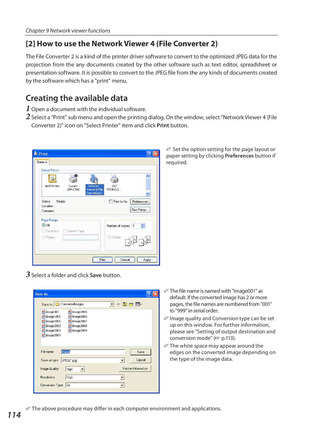 Eiki QXXAVC922---P owner manual How to use the Network Viewer 4 File Converter, Select a folder and click Save button 