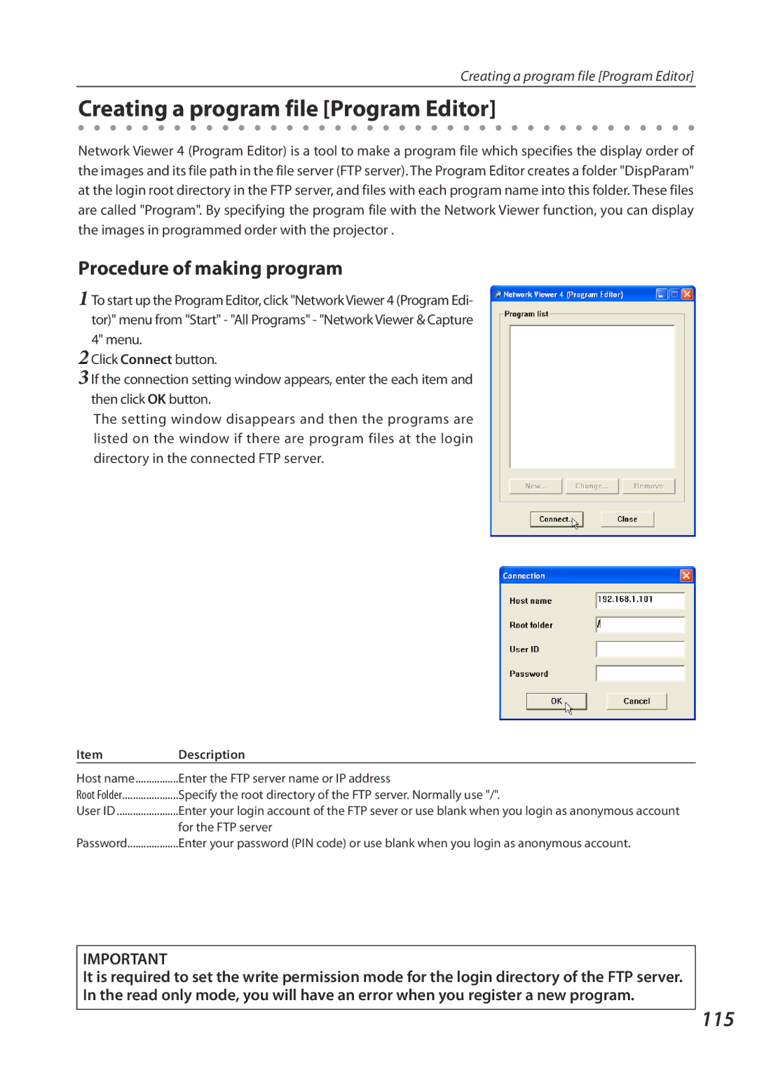 Eiki QXXAVC922---P owner manual Creating a program file Program Editor, 115, Procedure of making program 