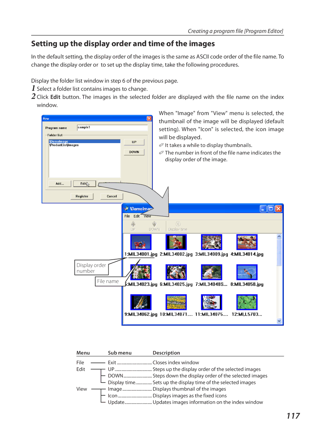 Eiki QXXAVC922---P owner manual 117, Setting up the display order and time of the images, Sub menu Description 