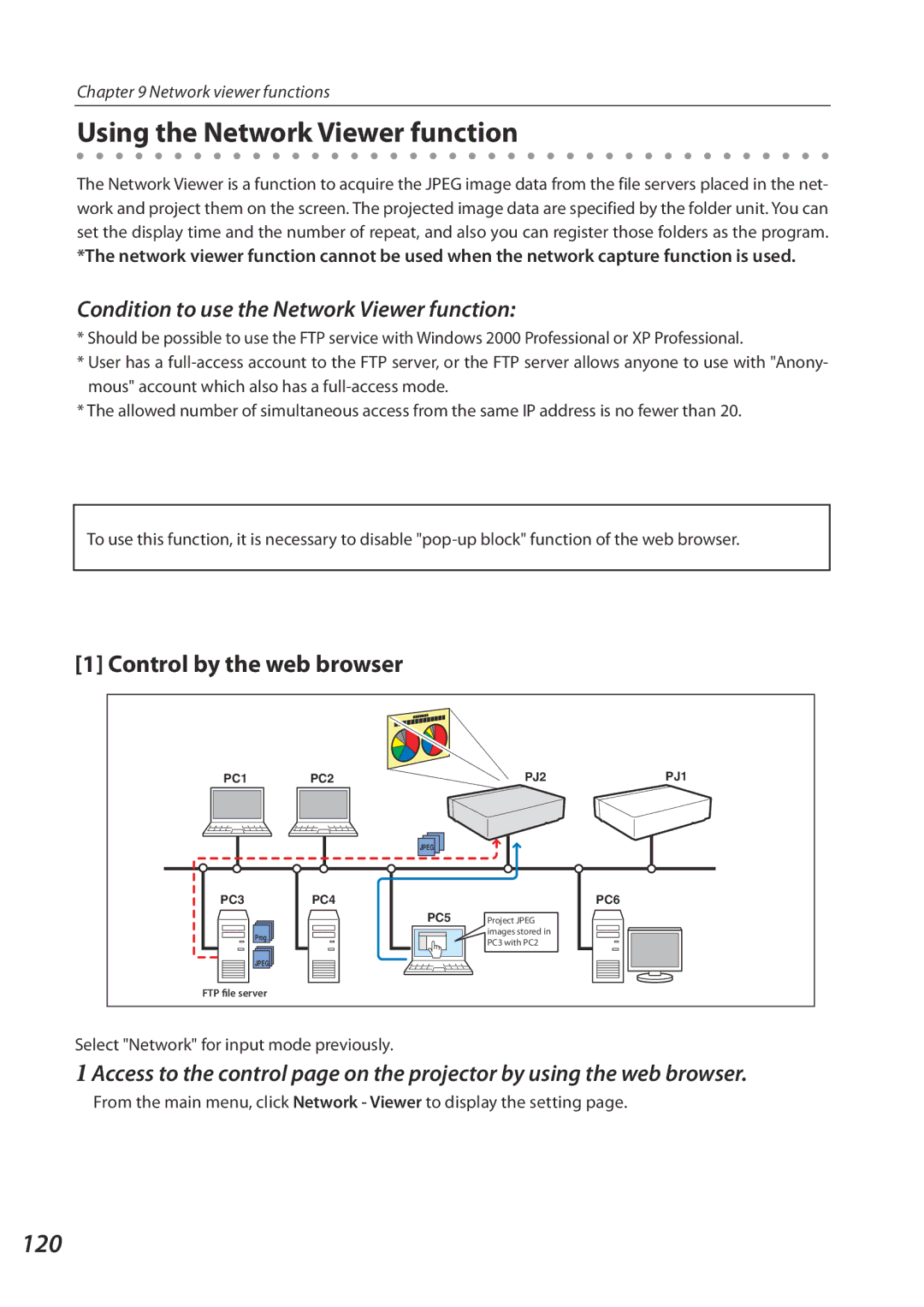 Eiki QXXAVC922---P owner manual Using the Network Viewer function, 120, Condition to use the Network Viewer function 