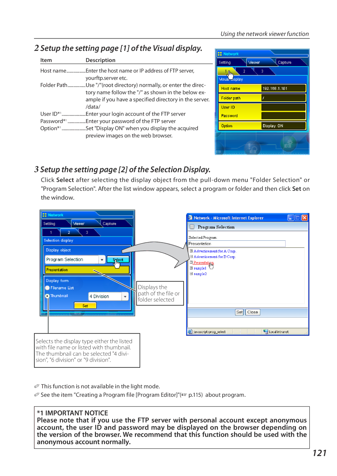 Eiki QXXAVC922---P 121, Setup the setting page 1 of the Visual display, Setup the setting page 2 of the Selection Display 