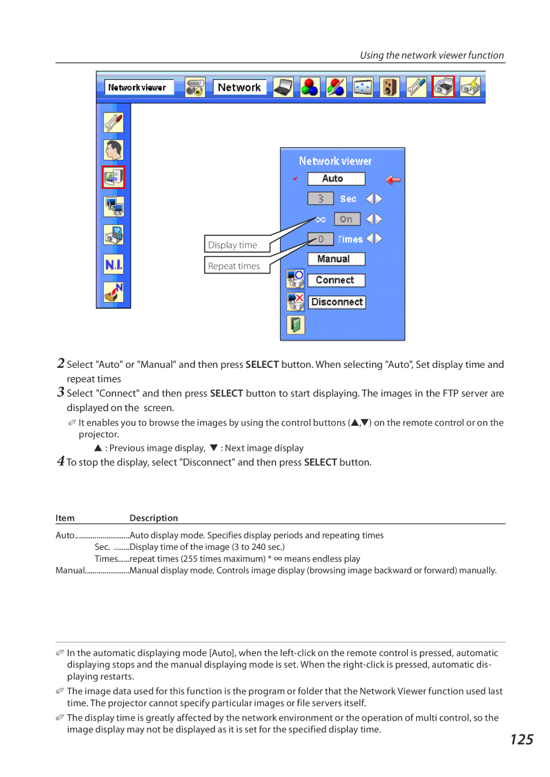 Eiki QXXAVC922---P owner manual 125, Display time Repeat times 