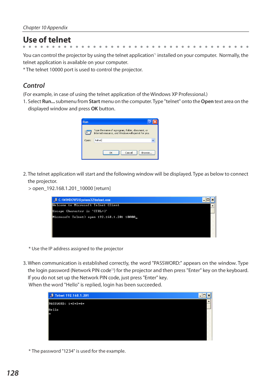 Eiki QXXAVC922---P owner manual Use of telnet, 128, Control, When the word Hello is replied, login has been succeeded 