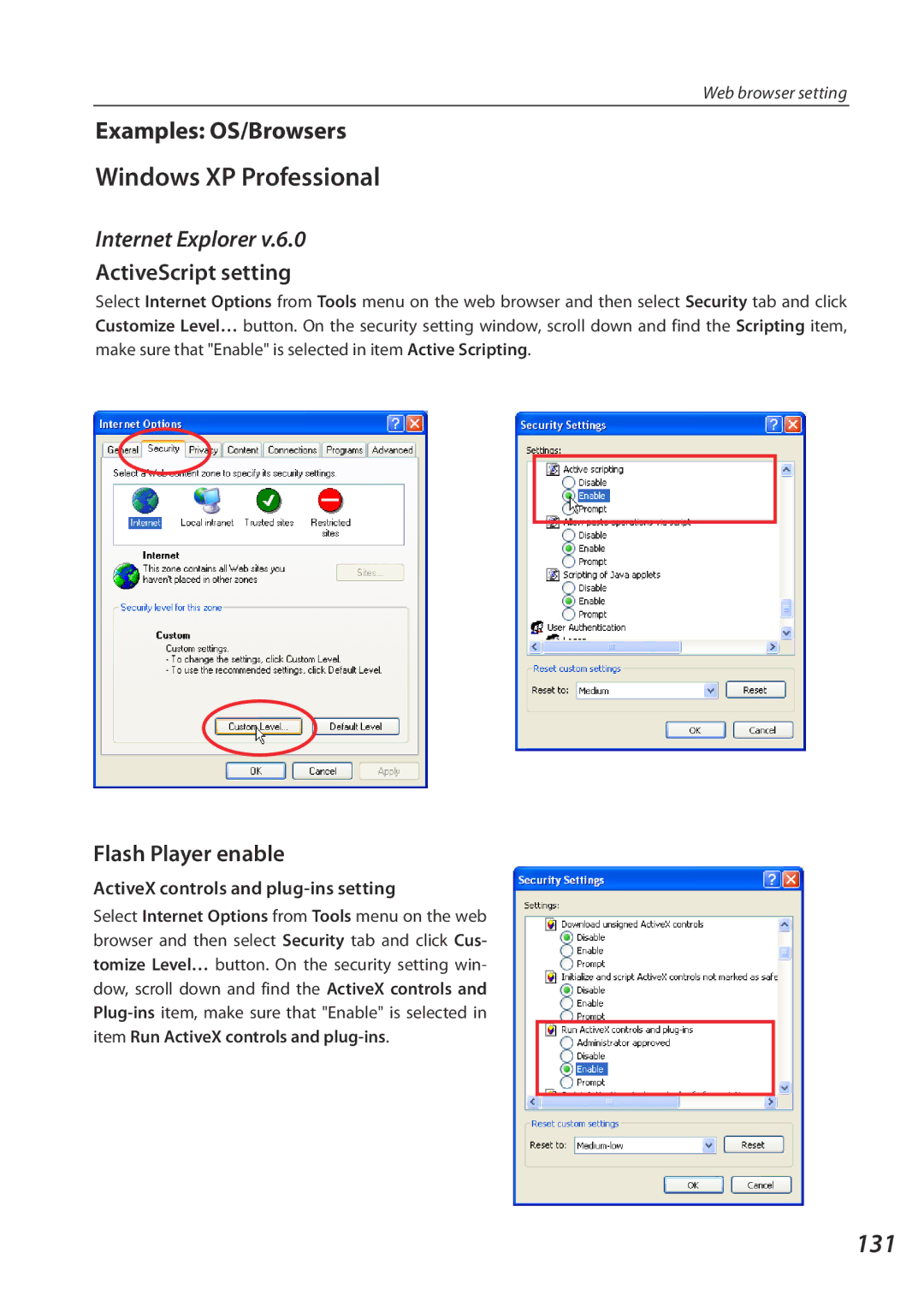 Eiki QXXAVC922---P owner manual Windows XP Professional, 131, Examples OS/Browsers, Internet Explorer 