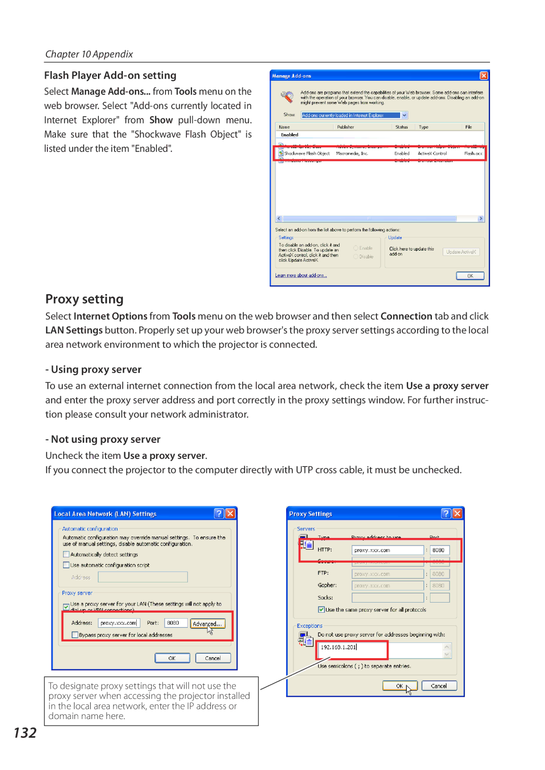 Eiki QXXAVC922---P owner manual 132, Flash Player Add-on setting, Using proxy server, Not using proxy server 