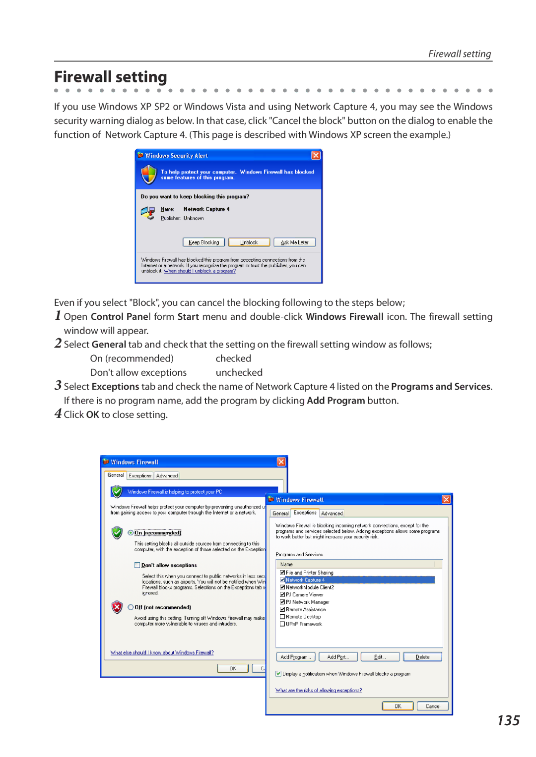 Eiki QXXAVC922---P owner manual Firewall setting, 135, On recommended Checked Dont allow exceptions Unchecked 