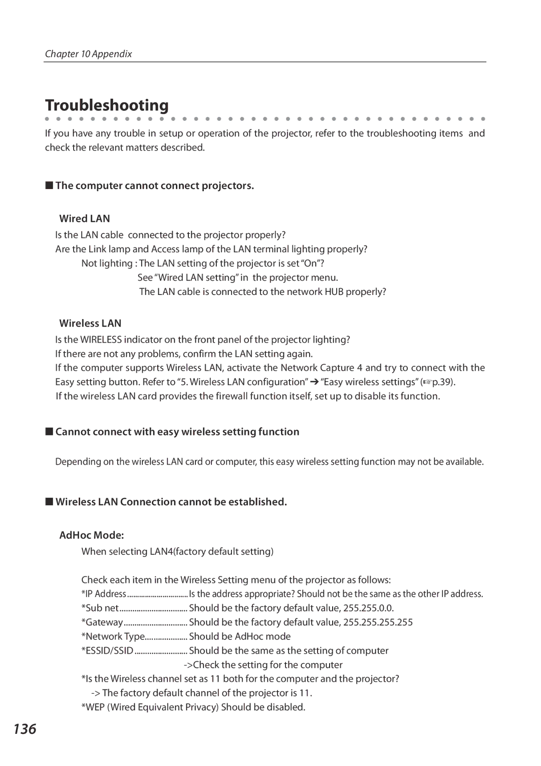 Eiki QXXAVC922---P owner manual Troubleshooting, 136 