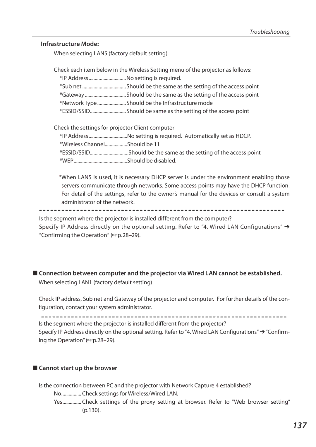 Eiki QXXAVC922---P owner manual 137, Infrastructure Mode, Cannot start up the browser 