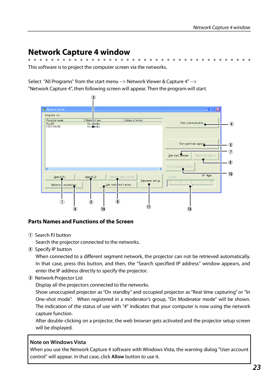 Eiki QXXAVC922---P owner manual Network Capture 4 window, Parts Names and Functions of the Screen 