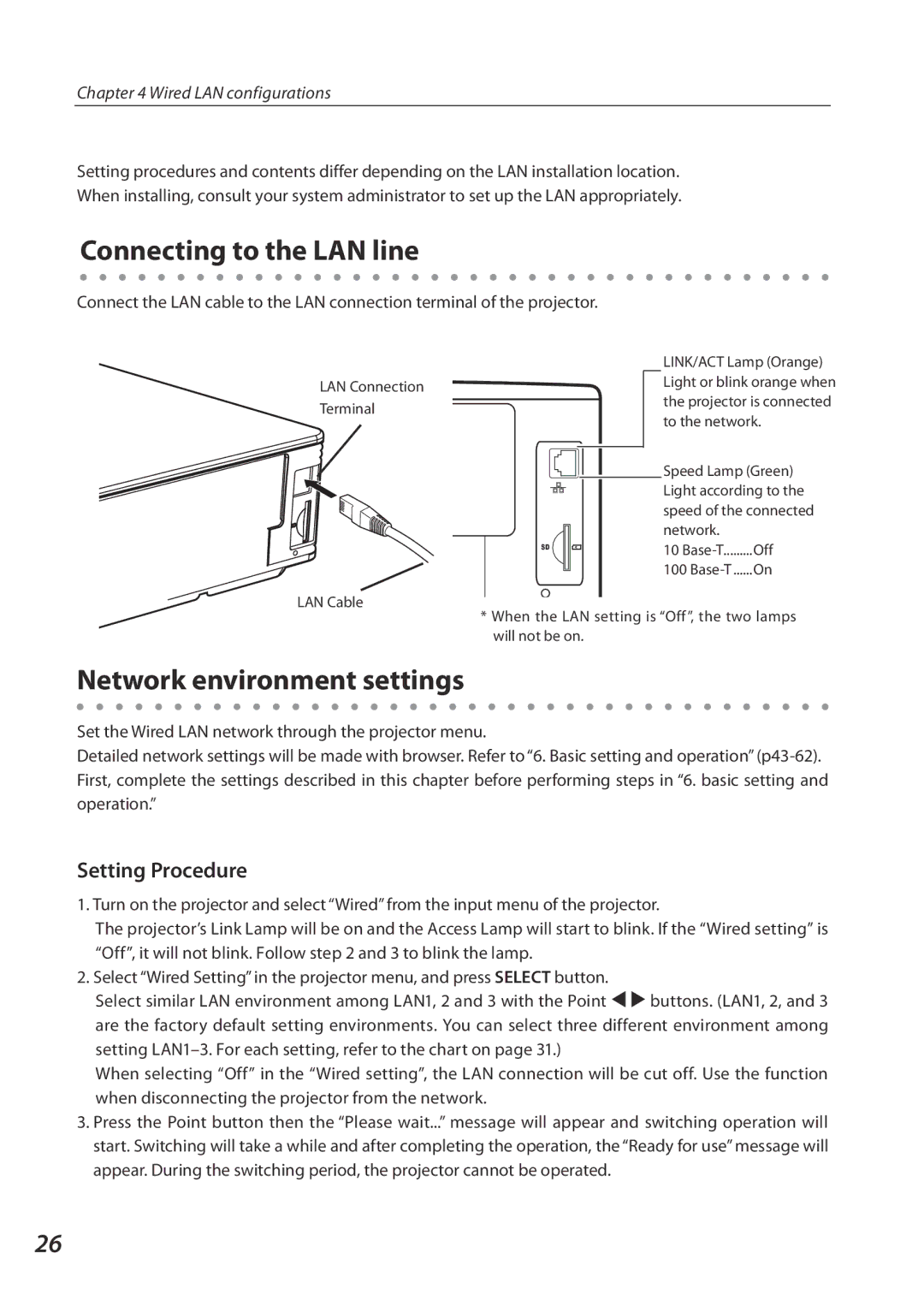 Eiki QXXAVC922---P owner manual Connecting to the LAN line, Network environment settings 