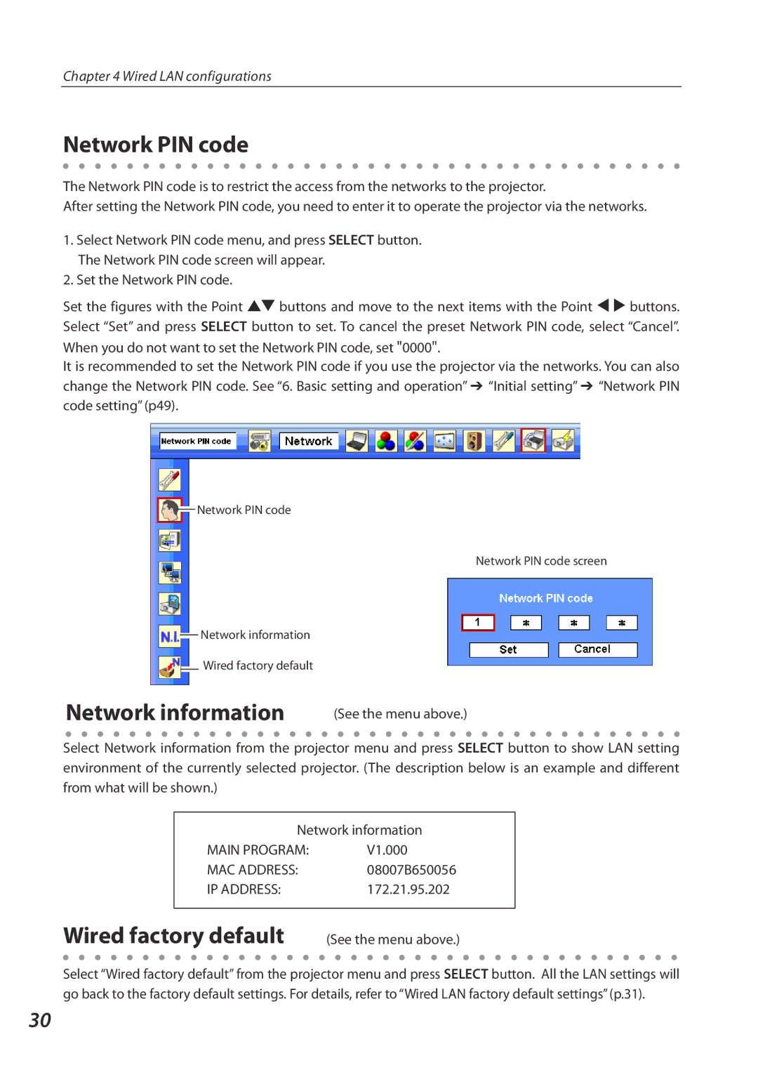 Eiki QXXAVC922---P owner manual Network PIN code, Network information, Wired factory default 