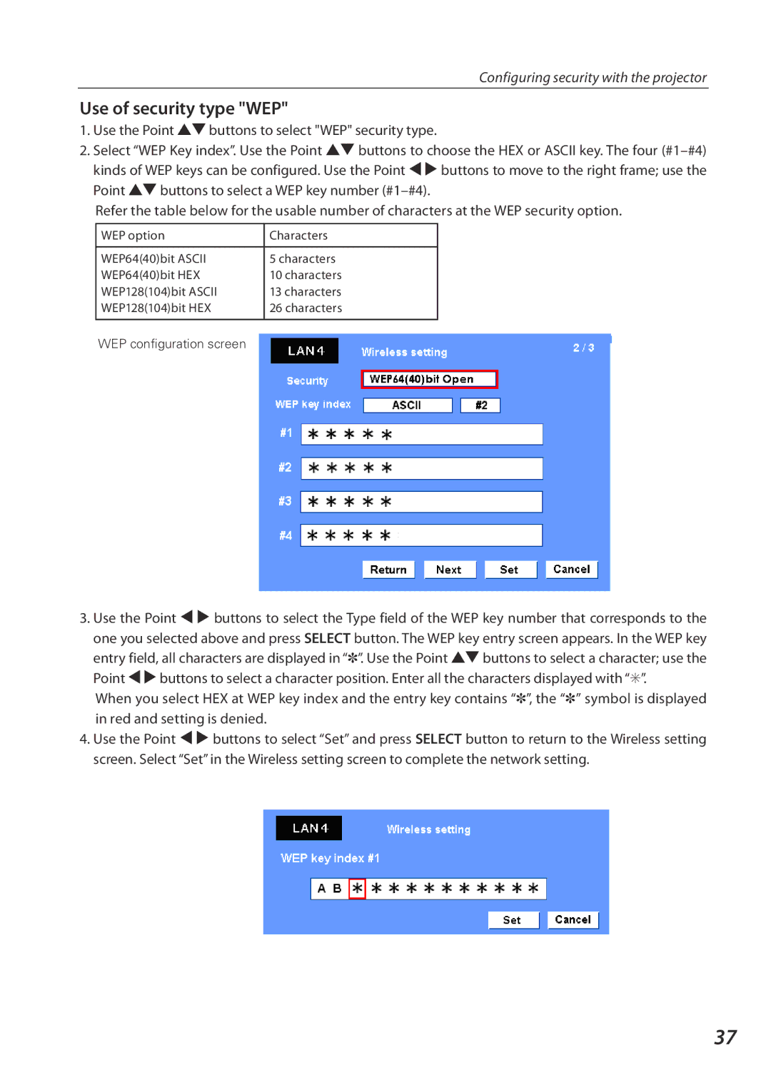 Eiki QXXAVC922---P owner manual Use of security type WEP 