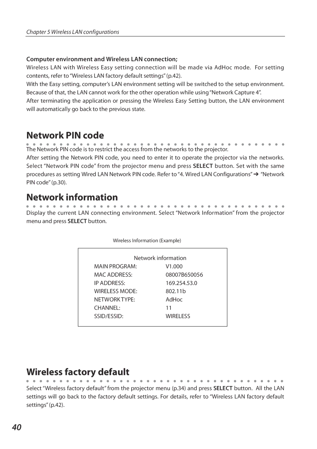 Eiki QXXAVC922---P owner manual Wireless factory default, Computer environment and Wireless LAN connection 