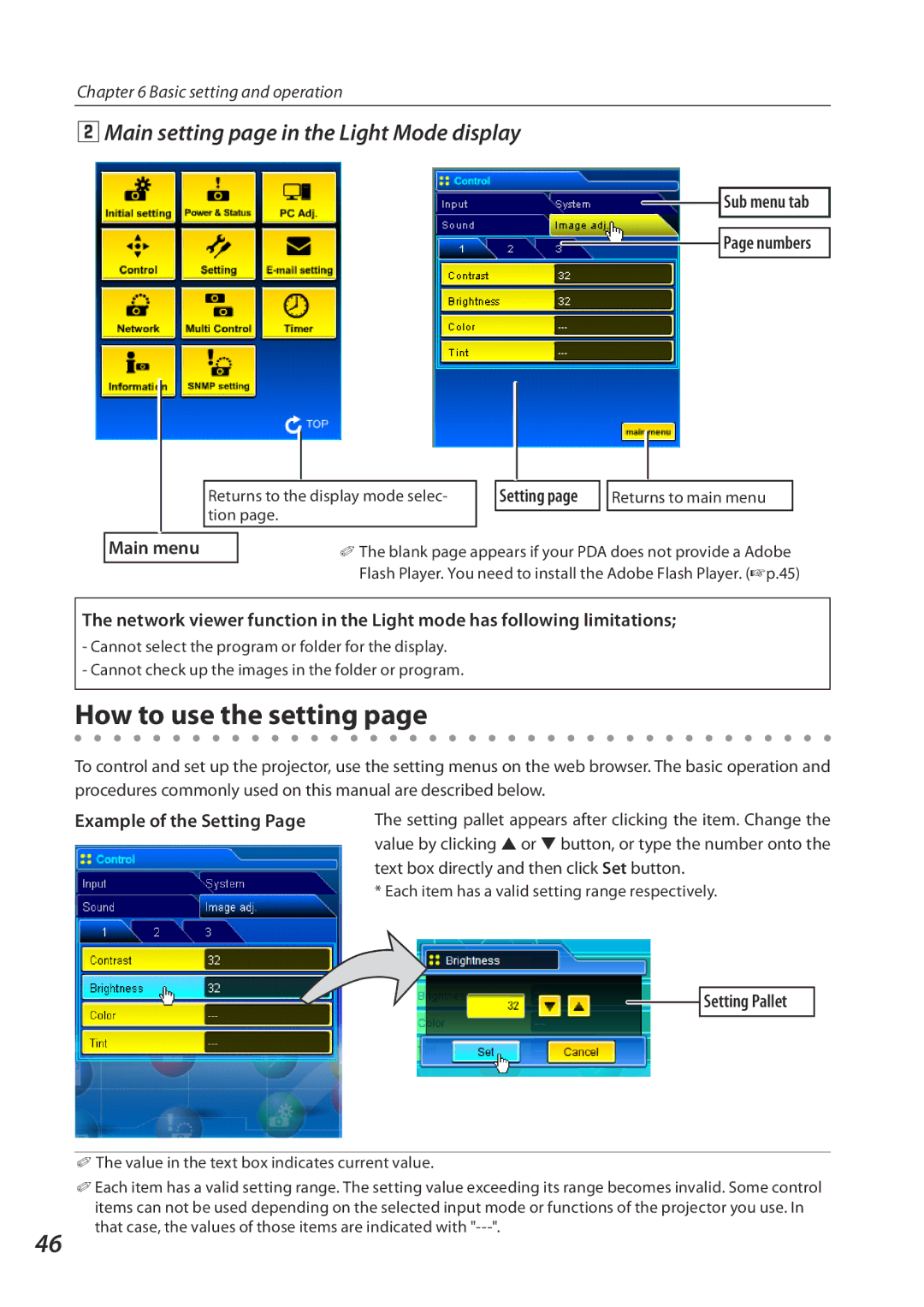 Eiki QXXAVC922---P owner manual How to use the setting, Main setting page in the Light Mode display, Sub menu tab Numbers 