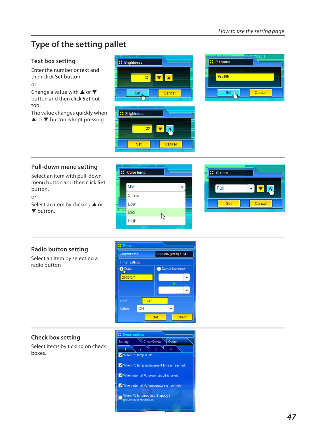 Eiki QXXAVC922---P owner manual Type of the setting pallet, Text box setting, Pull-down menu setting, Radio button setting 