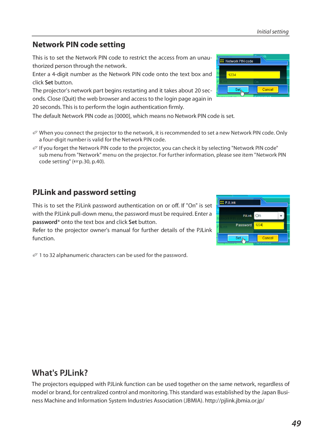 Eiki QXXAVC922---P owner manual Whats PJLink?, Network PIN code setting, PJLink and password setting 