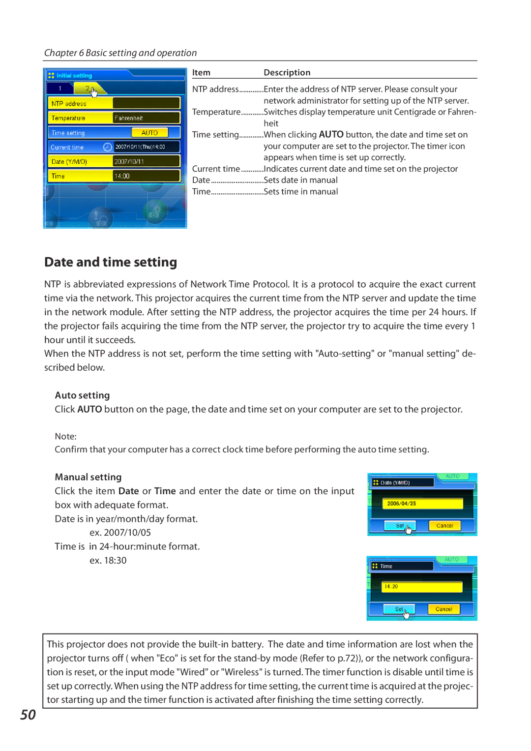 Eiki QXXAVC922---P owner manual Date and time setting, Auto setting, Manual setting 