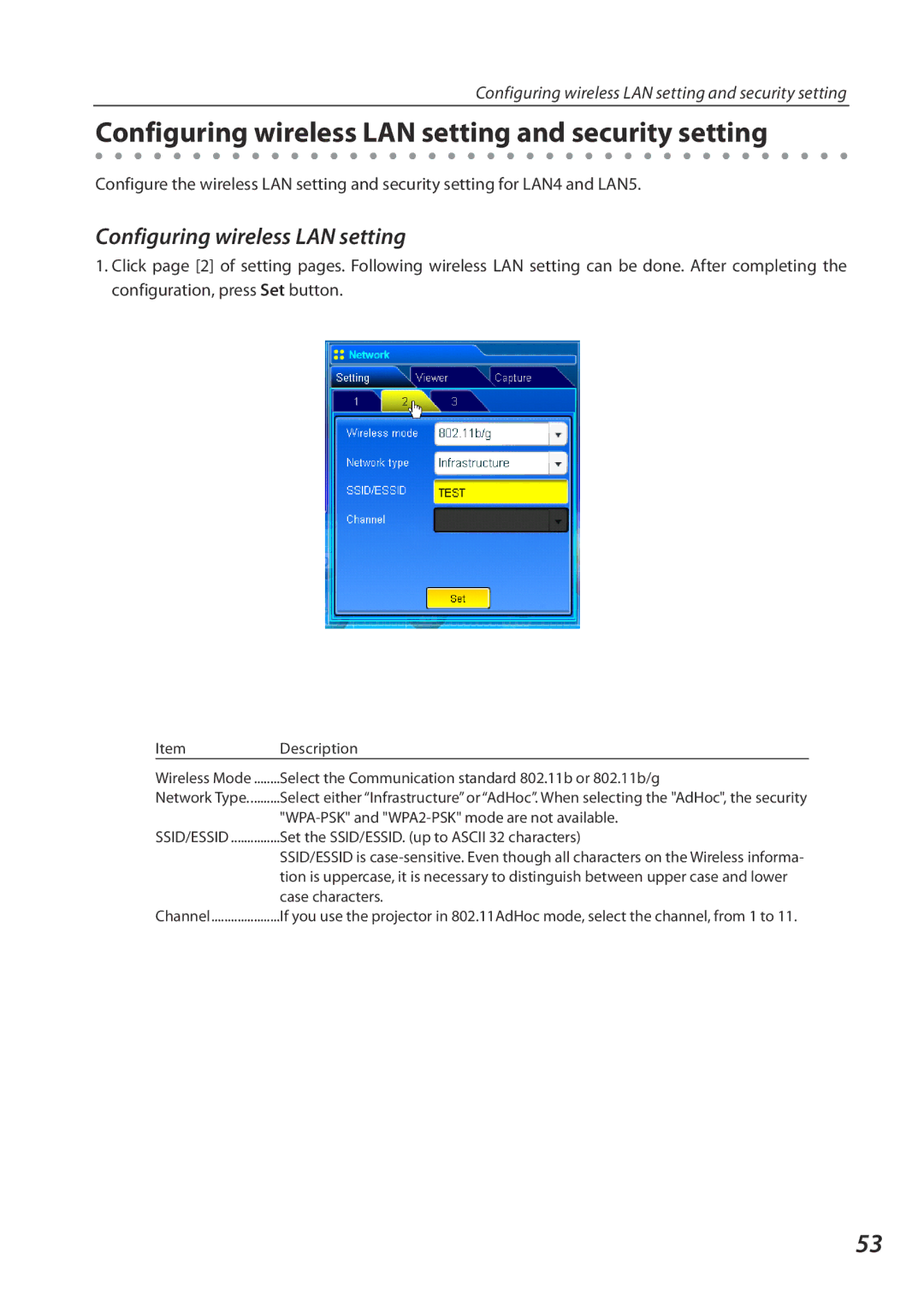 Eiki QXXAVC922---P owner manual Configuring wireless LAN setting and security setting 