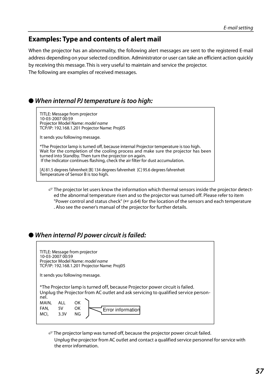 Eiki QXXAVC922---P owner manual Examples Type and contents of alert mail 