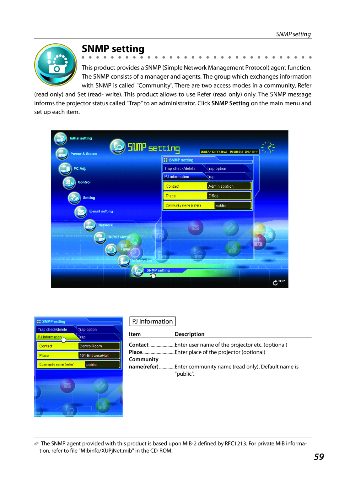 Eiki QXXAVC922---P Snmp setting, Enter user name of the projector etc. optional, Enter place of the projector optional 