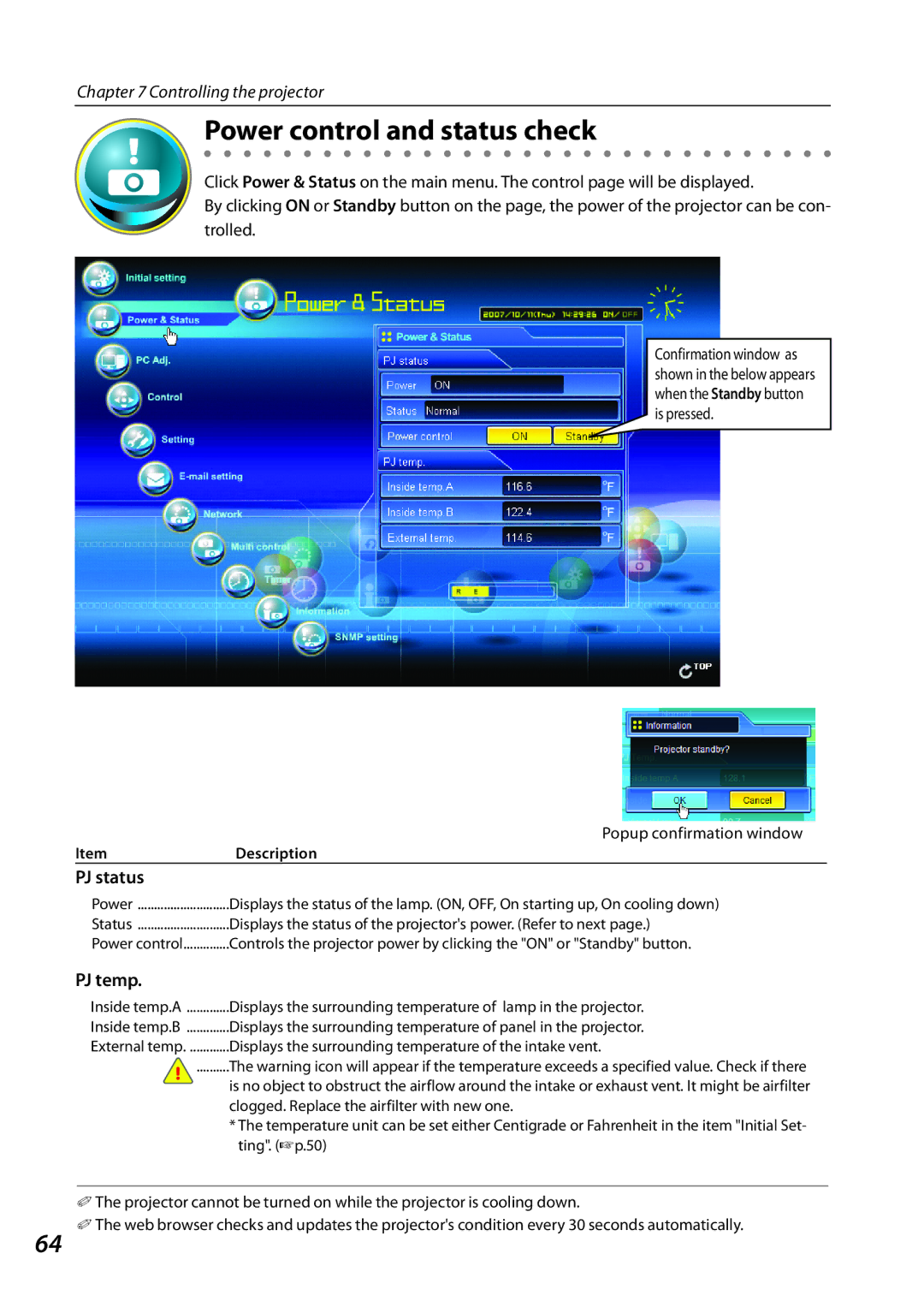 Eiki QXXAVC922---P owner manual Power control and status check, PJ status, PJ temp 