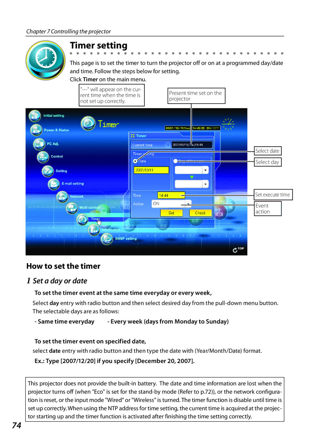 Eiki QXXAVC922---P owner manual Timer setting, How to set the timer, Set a day or date 