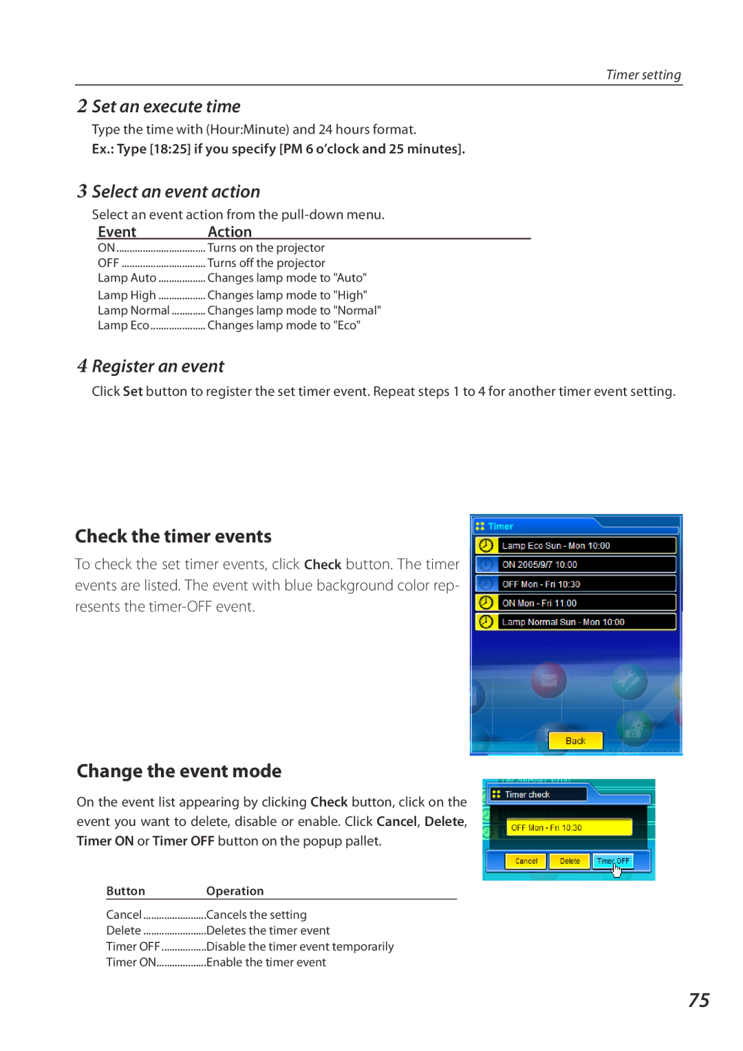 Eiki QXXAVC922---P owner manual Check the timer events, Change the event mode, Set an execute time, Select an event action 