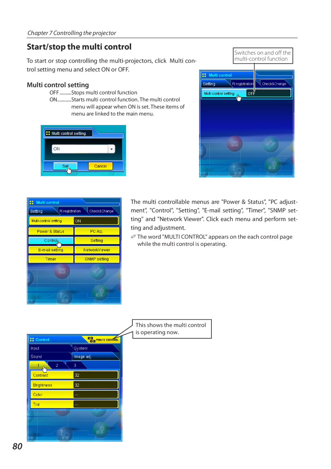 Eiki QXXAVC922---P Start/stop the multi control, Stops multi control function, Menu are linked to the main menu 