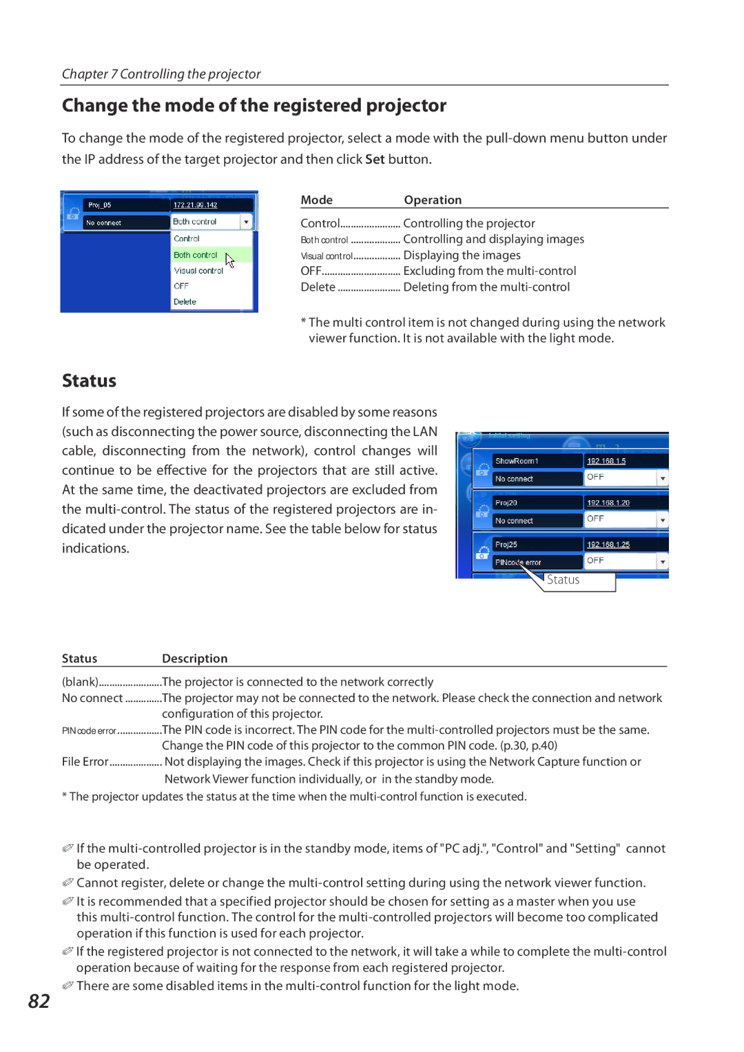 Eiki QXXAVC922---P owner manual Change the mode of the registered projector, Status, Mode Operation 