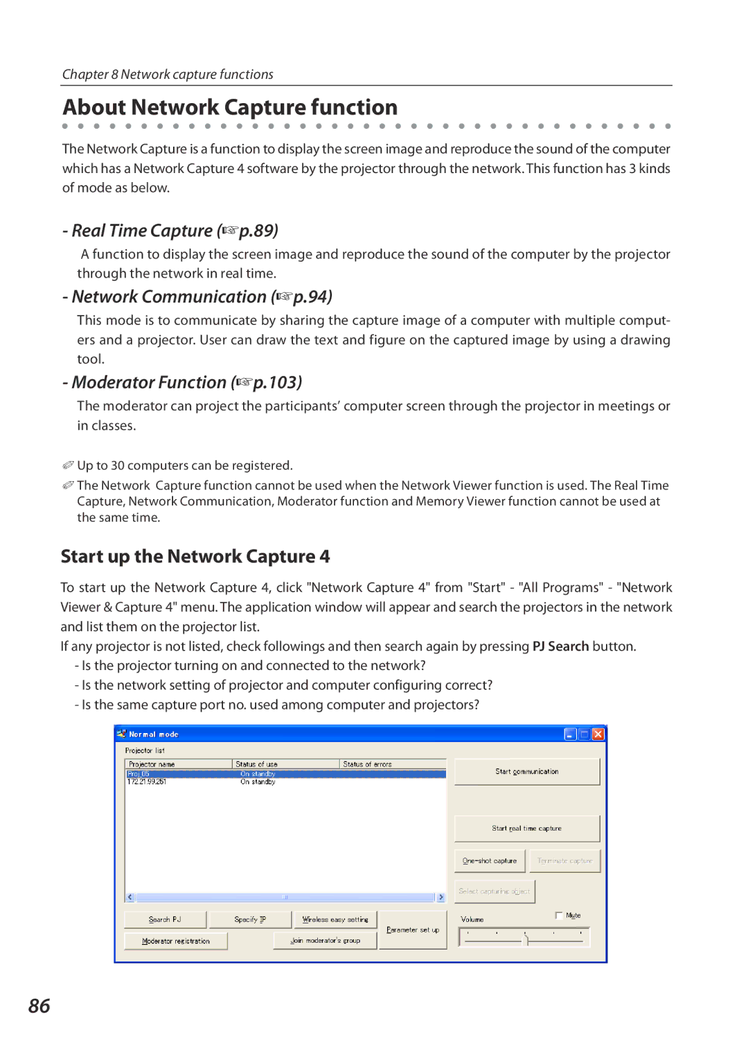 Eiki QXXAVC922---P owner manual About Network Capture function, Start up the Network Capture, Real Time Capture +p.89 