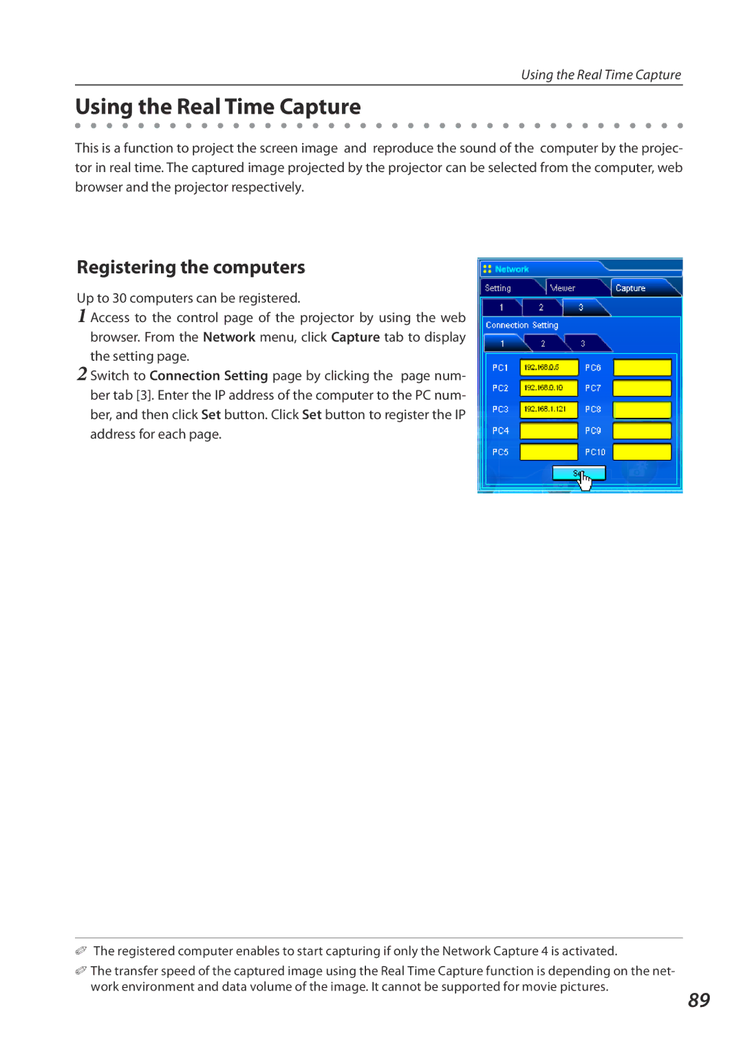 Eiki QXXAVC922---P owner manual Using the Real Time Capture, Registering the computers 