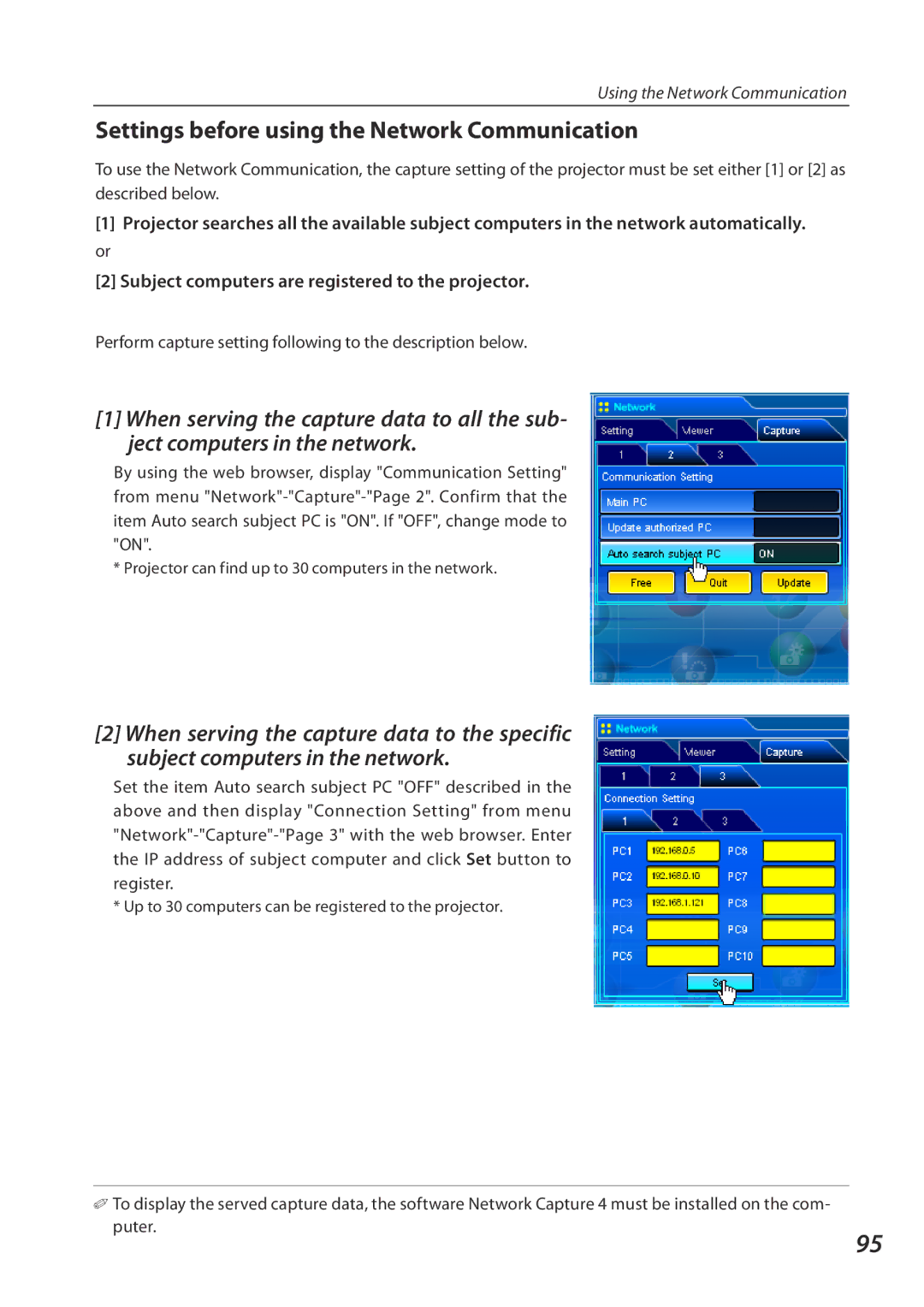Eiki QXXAVC922---P Settings before using the Network Communication, Projector can find up to 30 computers in the network 
