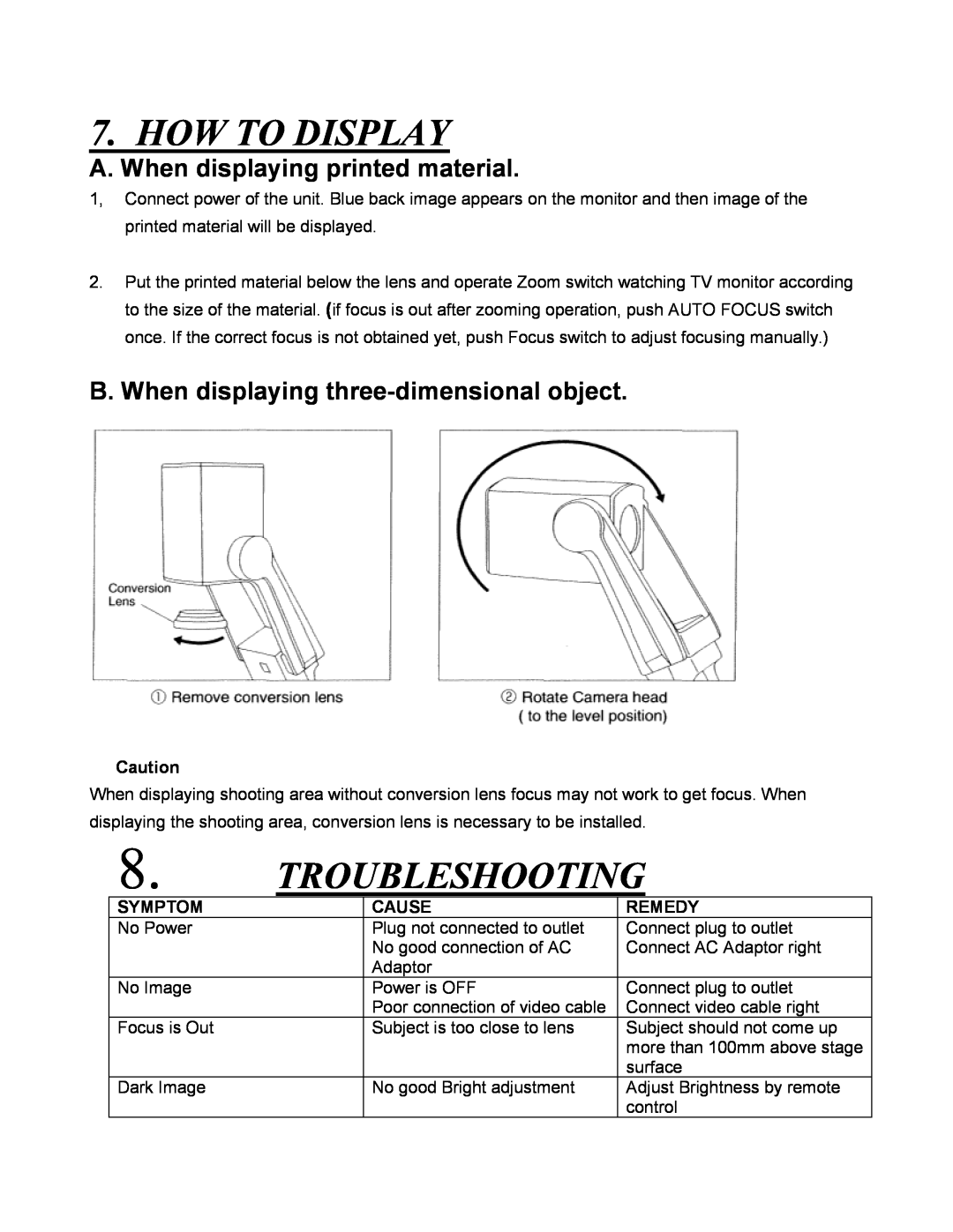 Eiki V-2500 instruction manual How To Display, Troubleshooting, A. When displaying printed material, Symptom, Cause, Remedy 