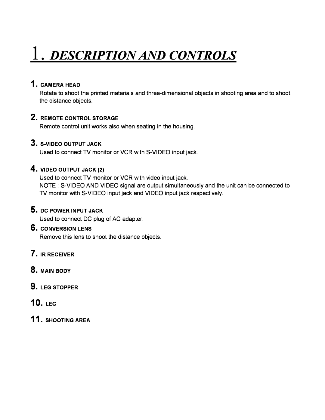 Eiki V-2500 instruction manual Description And Controls, Leg 