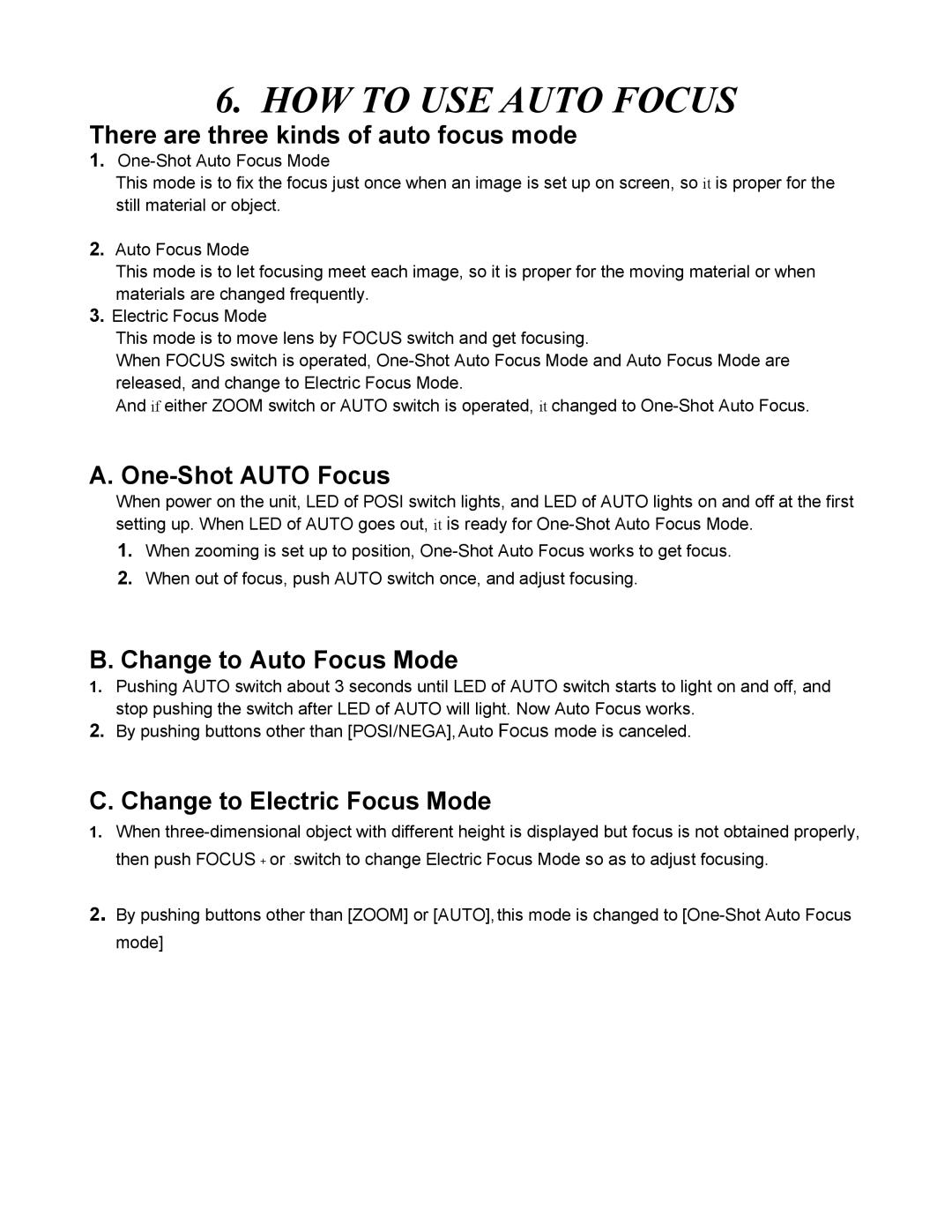 Eiki V-2500 instruction manual HOW to USE Auto Focus, There are three kinds of auto focus mode 